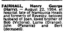 Death Notice for Henry G. Fairhall - SMH 23 Aug.1984